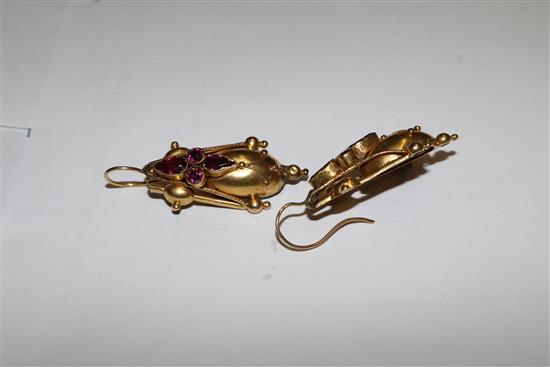 A pair of Victorian yellow metal and garnet set tapered earrings, overall incl. wire 40mm.